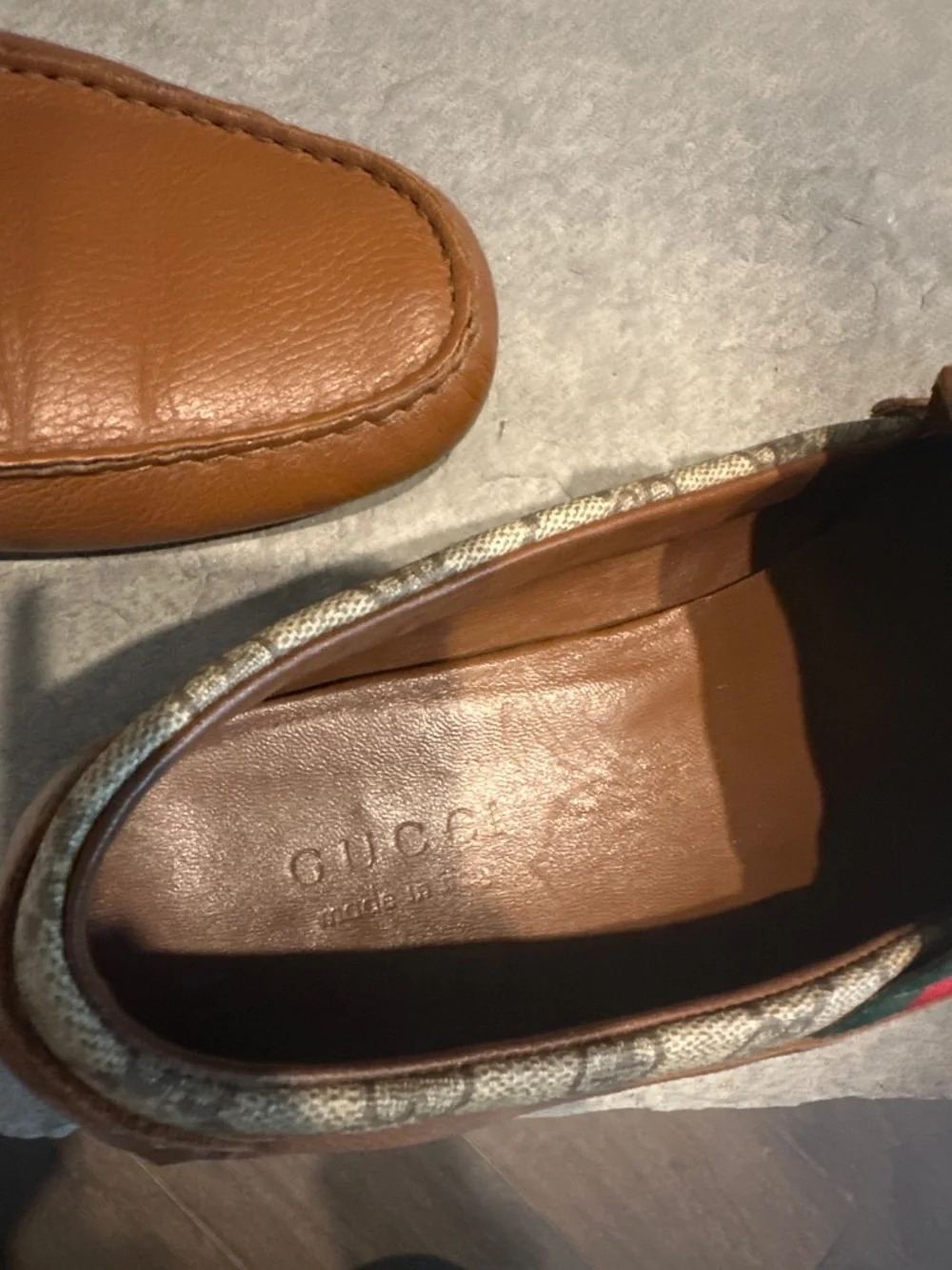 Authentic Gucci Men’s Brown Leather GG Supreme Web Driving Loafers Moccasin sz10